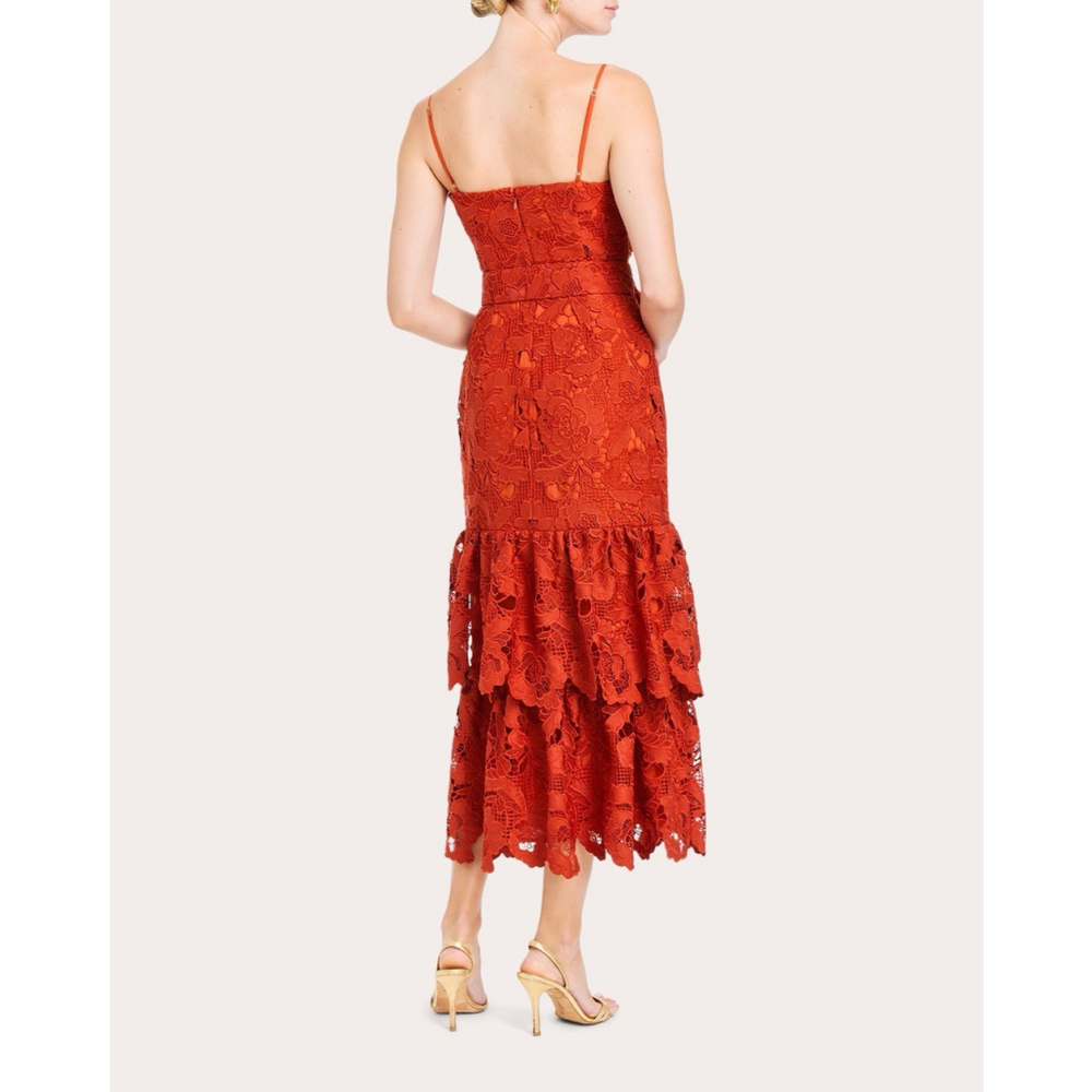Mestiza New York Vanessa Belted Tiered Guipure Lace Midi Dress Red/Rust 8 Classy - Picture 6 of 16